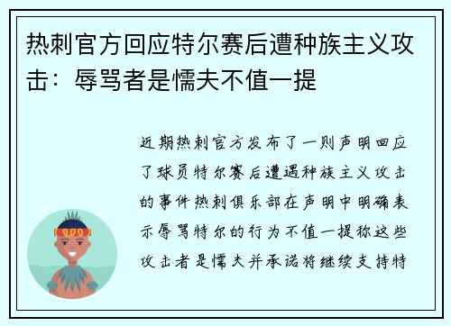 热刺官方回应特尔赛后遭种族主义攻击：辱骂者是懦夫不值一提