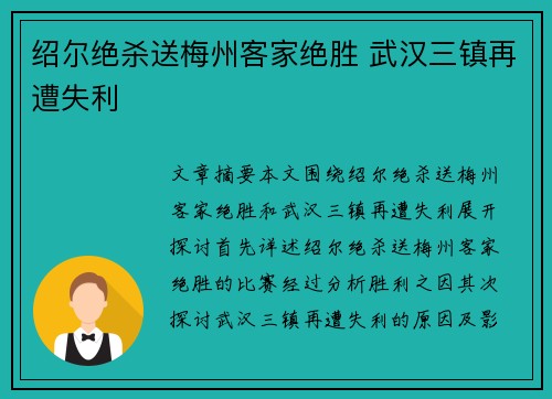 绍尔绝杀送梅州客家绝胜 武汉三镇再遭失利