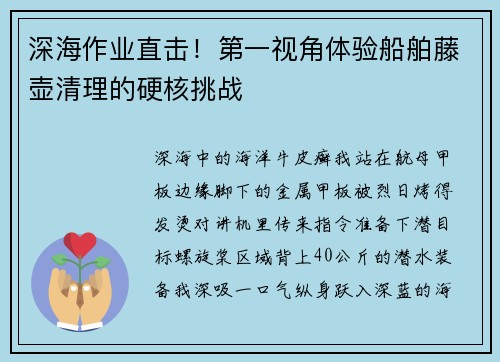 深海作业直击！第一视角体验船舶藤壶清理的硬核挑战